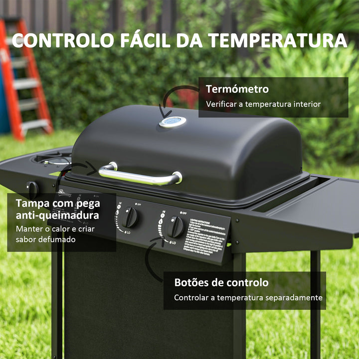 Barbecue a Gás com 3+1 Queimadores 9,5 kW Barbecue Portátil com Termómetro Mesa Lateral Prateleira para Temperos Grelha Recolhedor de Gordura 2 Rodas para Jardim Exterior Campismo 108x54x97 cm Preto