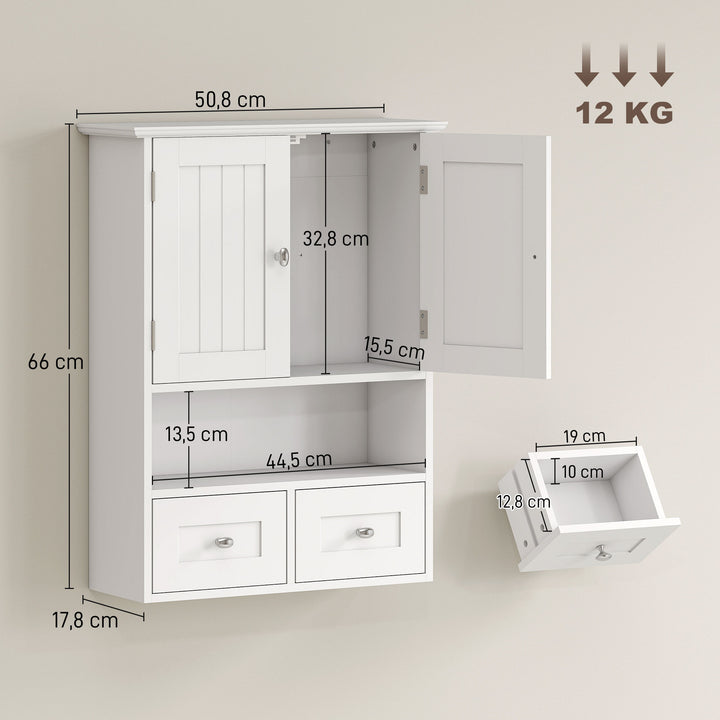 Armário de Parede para Casa de Banho Armário Suspenso de Casa de Banho com 2 Portas Prateleira Aberta e 2 Gavetas Estilo Moderno 50,8x17,8x66 cm Branco