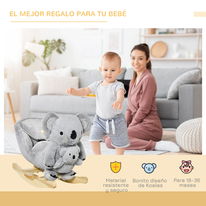 Baloiço Infantil com Forma de Coala com Fantoche para Bebés 18-36 Meses com Som Cinto de Segurança e Apoio para os Pés 60x33x50cm Cinza