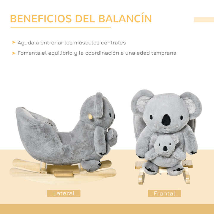 Baloiço Infantil com Forma de Coala com Fantoche para Bebés 18-36 Meses com Som Cinto de Segurança e Apoio para os Pés 60x33x50cm Cinza