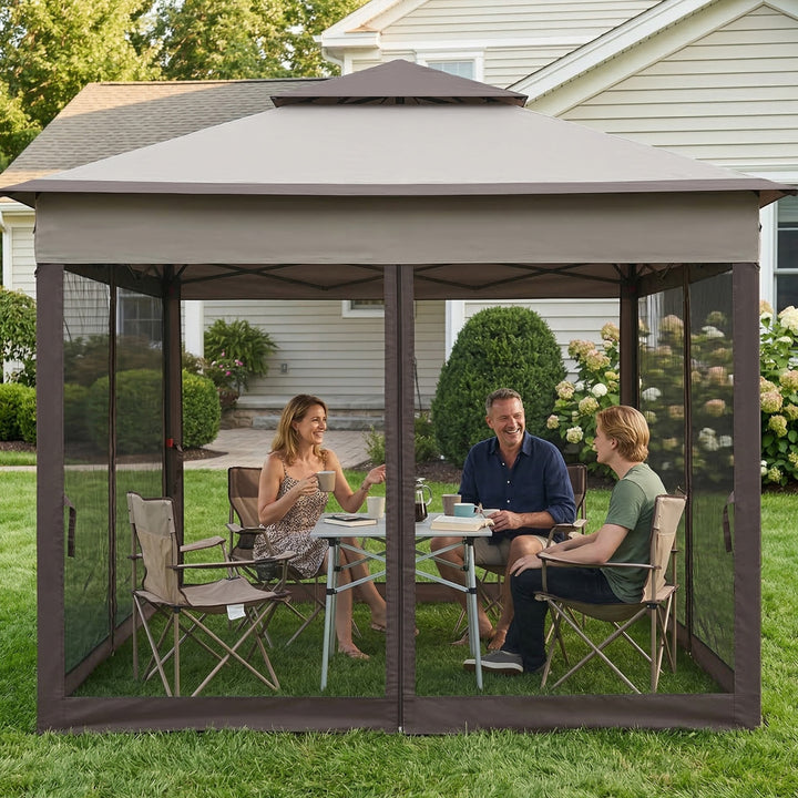 Tenda Dobrável Exterior 325x325x270 cm Tenda de Jardim com Teto Duplo Rede Mosquiteira Amovível e Bolsa de Transporte para Jardim Pátio Cinza