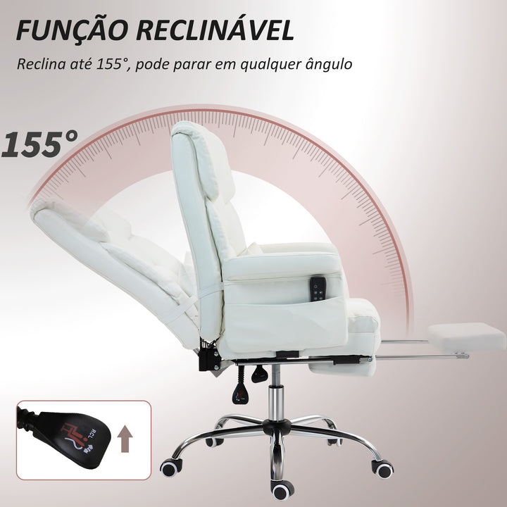 Cadeira de Massagem com 6 Pontos de Massagem Cadeira de Escritório com Apoio para os Pés Retrátil Altura Ajustável Controlo Remoto e Suporte Lombar Estofado em PU 69x65x107-115 cm Branco