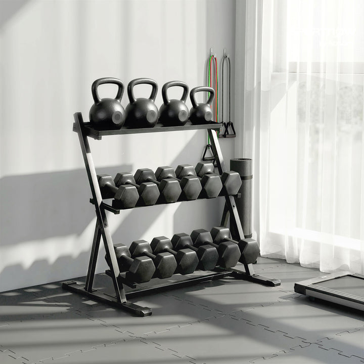 Suporte para Halteres de 3 Níveis Estante de Armazenamento de Pesos de Aço com Barras Ajustáveis para Treino em Ginásio Casa Capacidade 200 kg 88x66x88 cm