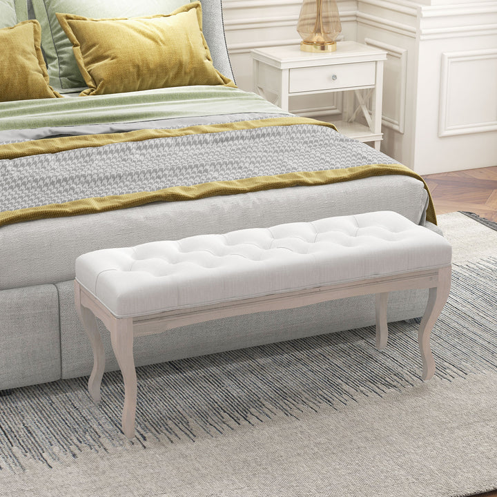 Banco Pé de Cama com Pés de Madeira e Assento Acolchoado Capacidade 120 kg Banco de Estilo Vintage para Dormitório Entrada Corredor 110x37x49 cm Creme