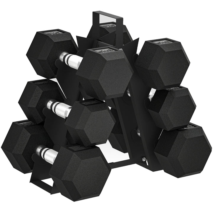 Conjunto de Halteres de 6 Peças 36 kg Halteres Hexagonais 2x4kg 2x6kg 2x8kg com Suporte de Armazenamento e Punho Antiderrapante para Treino em Casa ou Ginásio Preto