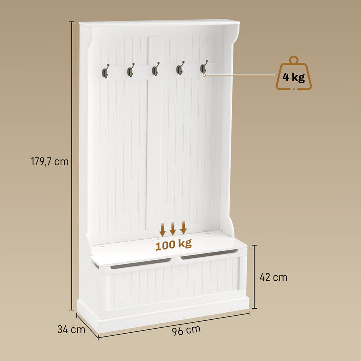 Cabide com banco Conjunto de salão Mobília do salão 5 ganchos espaço de armazenamento 96x34x179,7cm Branco
