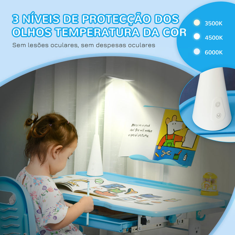 Conjunto de Secretária e Cadeira para Crianças acima de 3 Anos Secretária Infantil com Altura Ajustável Mesa Inclinável Gaveta Lâmpada LED e Suporte para Lápis 80x49,5x80-105cm e 36x34x60-73 cm Azul