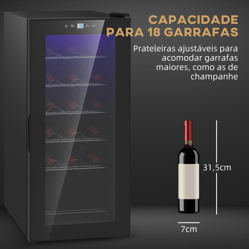 Cave de Vinho 18 Garrafas Cave de Vinho com Luz LED Ecrã Tátil Digital Controlo de Temperatura Porta de Vidro e 5 Prateleiras de Metal Preto