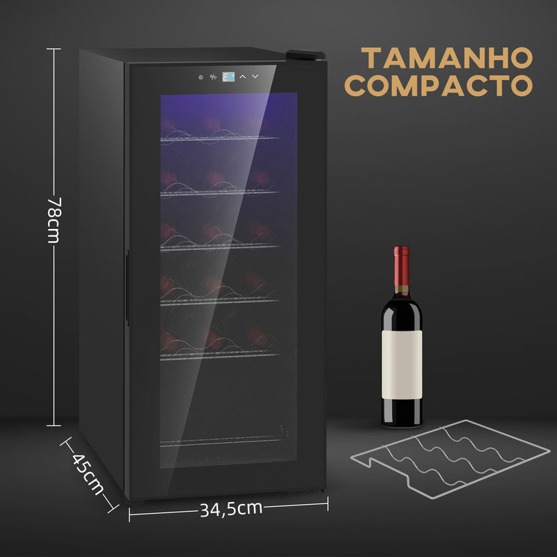 Cave de Vinho 18 Garrafas Cave de Vinho com Luz LED Ecrã Tátil Digital Controlo de Temperatura Porta de Vidro e 5 Prateleiras de Metal Preto