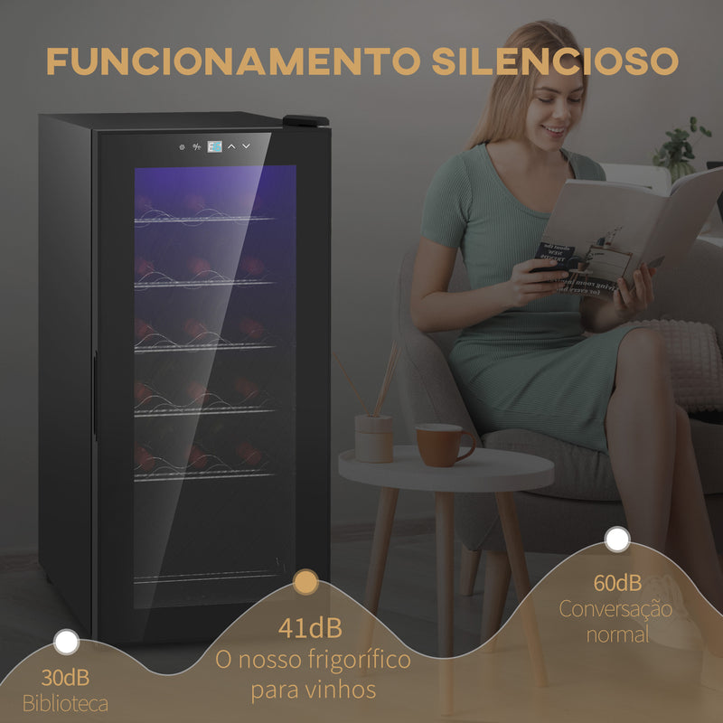 Cave de Vinho 18 Garrafas Cave de Vinho com Luz LED Ecrã Tátil Digital Controlo de Temperatura Porta de Vidro e 5 Prateleiras de Metal Preto