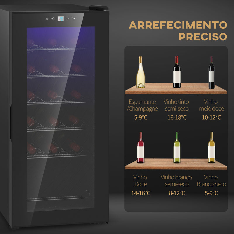 Cave de Vinho 18 Garrafas Cave de Vinho com Luz LED Ecrã Tátil Digital Controlo de Temperatura Porta de Vidro e 5 Prateleiras de Metal Preto