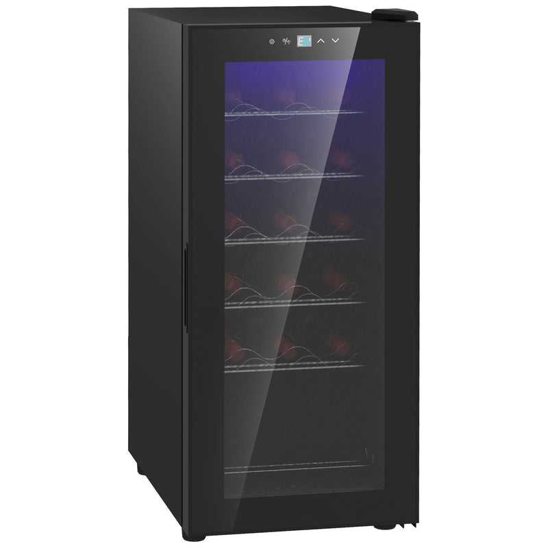 Cave de Vinho 18 Garrafas Cave de Vinho com Luz LED Ecrã Tátil Digital Controlo de Temperatura Porta de Vidro e 5 Prateleiras de Metal Preto