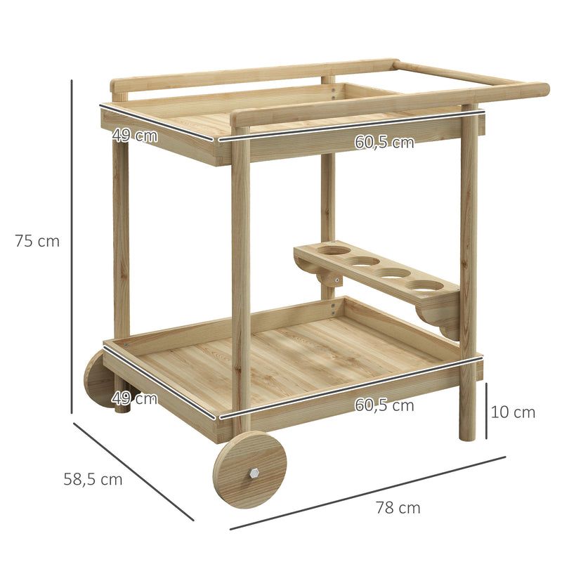 Carrinho de Madeira com Rodas Carrinho de Serviço com 2 Prateleiras 4 Porta-copos e Alça para Jardim Terraço Pátio 78x58,5x75 cm Natural