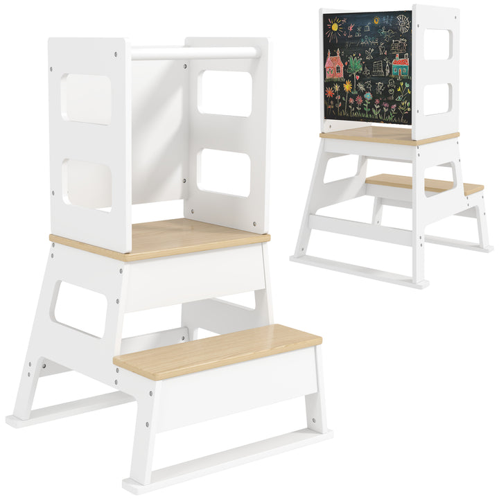 Torre de Aprendizagem 2 em 1 Torre de Aprendizagem para Crianças acima de 3 Anos com Ardósia e Barreira de Segurança para Casa de Banho Cozinha 55x52,5x87,5 cm Branco