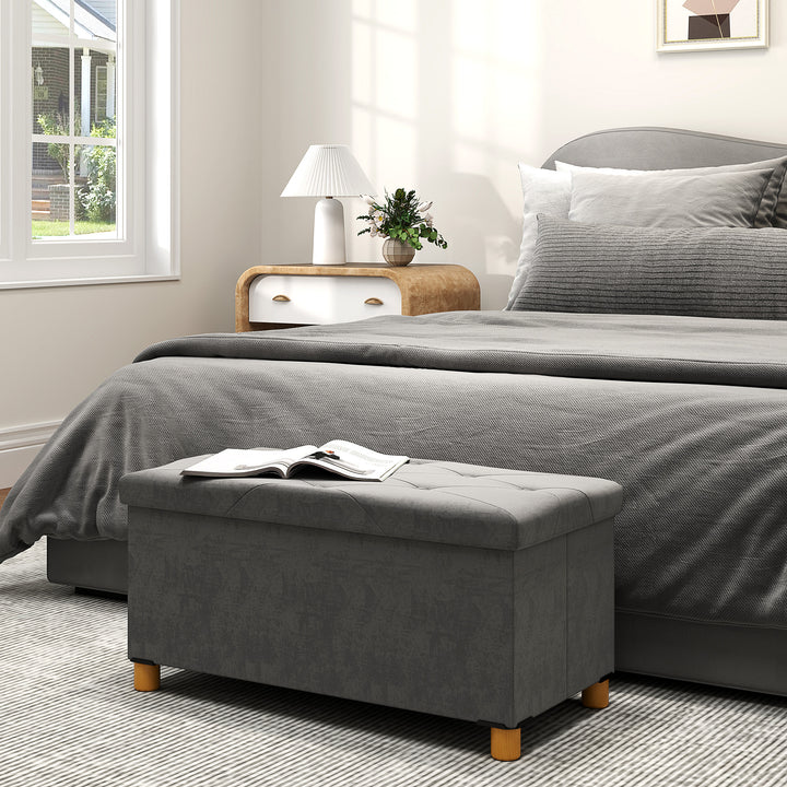 Banco de Armazenamento Dobrável Puff de Armazenamento Capacidade de 67 L Estofado em Veludo Baú de Armazenamento Quarto Carga 120 kg para Sala de Estar Entrada 76x38x38 cm Cinza