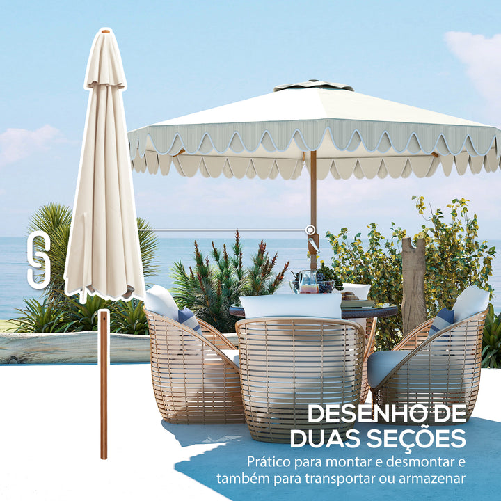Chapéu de Sol para Terraço Exterior, Ø264x240 cm Chapéu de Sol de Jardim com Ângulo Ajustável Manivela e Volantes Impermeável Parasol para Praia Pátio Varanda Creme