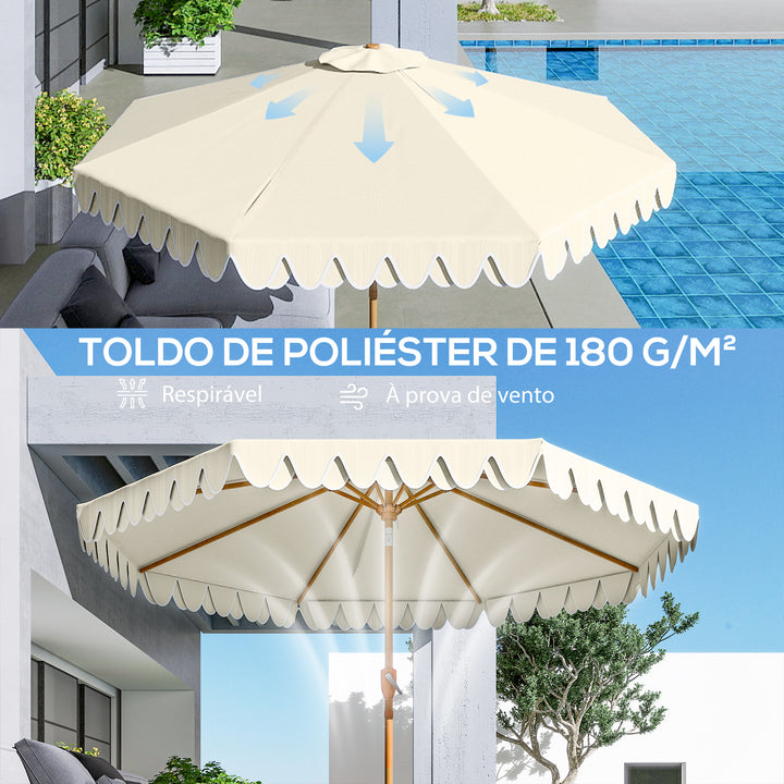 Chapéu de Sol para Terraço Exterior, Ø264x240 cm Chapéu de Sol de Jardim com Ângulo Ajustável Manivela e Volantes Impermeável Parasol para Praia Pátio Varanda Creme