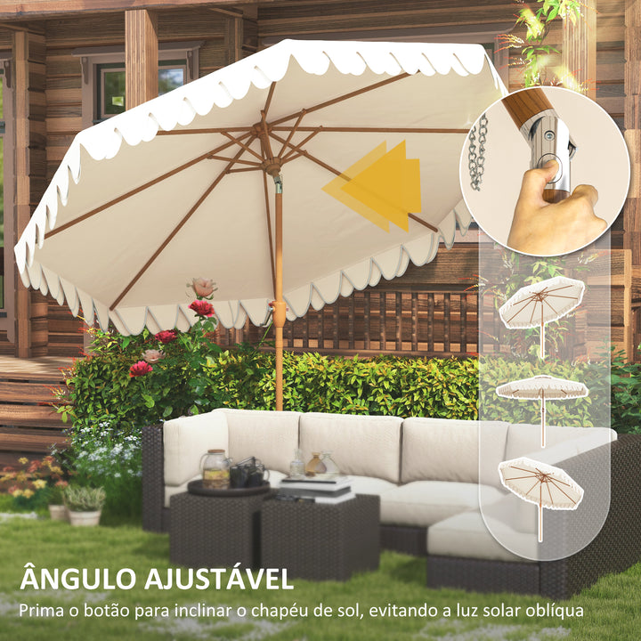 Chapéu de Sol para Terraço Exterior, Ø264x240 cm Chapéu de Sol de Jardim com Ângulo Ajustável Manivela e Volantes Impermeável Parasol para Praia Pátio Varanda Creme