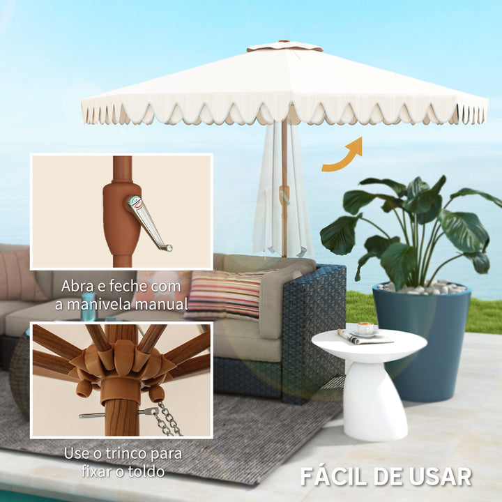 Chapéu de Sol para Terraço Exterior, Ø264x240 cm Chapéu de Sol de Jardim com Ângulo Ajustável Manivela e Volantes Impermeável Parasol para Praia Pátio Varanda Creme