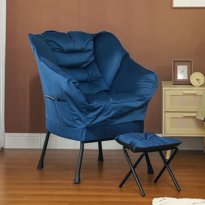 Poltrona Sala de Estar com Apoio para os Pés Poltrona Relax para Leitura com Bolsos Laterais e Pés de Aço para Sala de Estar Dormitório 80x78x100 cm Azul Escuro