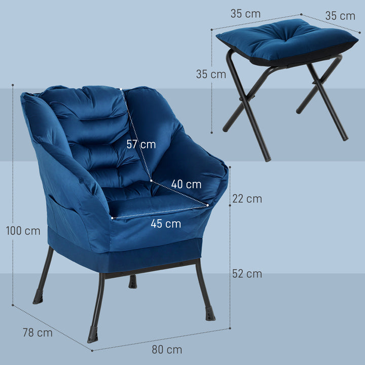 Poltrona Sala de Estar com Apoio para os Pés Poltrona Relax para Leitura com Bolsos Laterais e Pés de Aço para Sala de Estar Dormitório 80x78x100 cm Azul Escuro