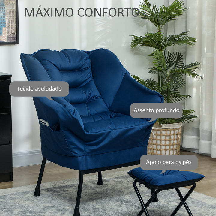 Poltrona Sala de Estar com Apoio para os Pés Poltrona Relax para Leitura com Bolsos Laterais e Pés de Aço para Sala de Estar Dormitório 80x78x100 cm Azul Escuro