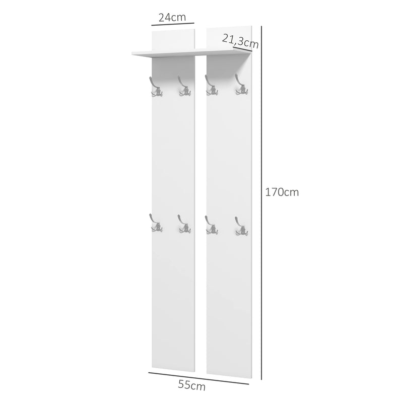 Móvel Cabide de Entrada de Parede Móvel de Entrada Moderno com 8 Ganchos e Prateleira para Entrada Corredor 55x21,3x170 cm Branco