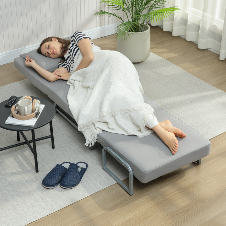 Sofá Cama de 1 Lugar 3 em 1 Sofá Cama Dobrável Estofado em Linho Sintético com Encosto Ajustável em 5 Níveis e Almofada Acolchoada para Escritório Quarto Sala de Estar 73x78x81 cm Cinzento Claro