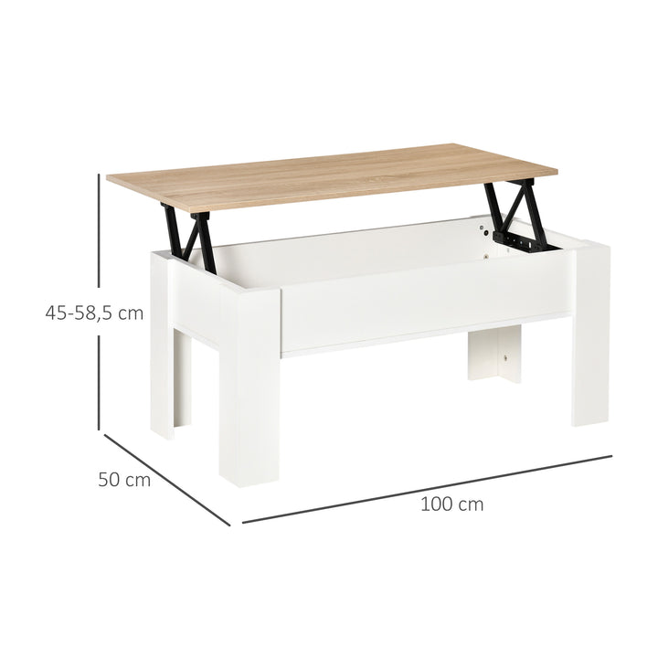 Mesa de Centro com Bancada Elevatória Mesa de Café com Compartimento Aberto e Oculto 100x50x45-58,5 cm Branco e Madeira