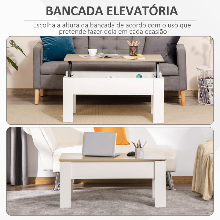 Mesa de Centro com Bancada Elevatória Mesa de Café com Compartimento Aberto e Oculto 100x50x45-58,5 cm Branco e Madeira