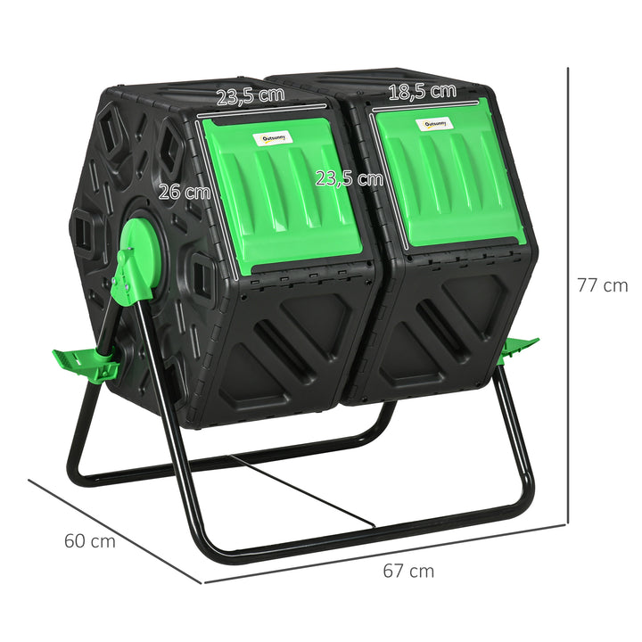 Compostor Giratório de 130L Recipiente de Compostagem de Jardim de Dupla Câmara Compostor com Aberturas de Ventilação e Pés de Aço 67x60x77 cm Preto e Verde