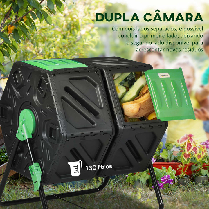Compostor Giratório de 130L Recipiente de Compostagem de Jardim de Dupla Câmara Compostor com Aberturas de Ventilação e Pés de Aço 67x60x77 cm Preto e Verde