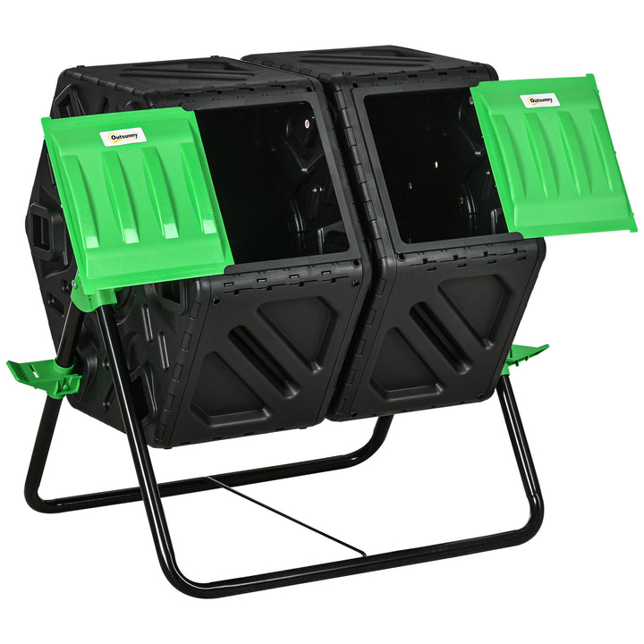 Compostor Giratório de 130L Recipiente de Compostagem de Jardim de Dupla Câmara Compostor com Aberturas de Ventilação e Pés de Aço 67x60x77 cm Preto e Verde