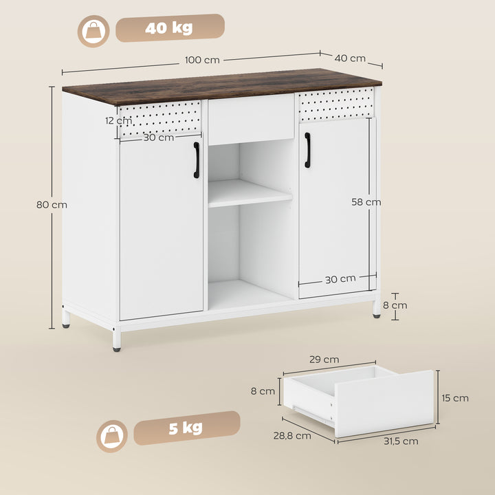 Aparador de 2 Portas com Orifícios Aparador de Sala com 2 Compartimentos e Gaveta Prateleiras Ajustáveis para Cozinha Entrada Dormitório 100x40x80 cm Branco e Castanho Rústico