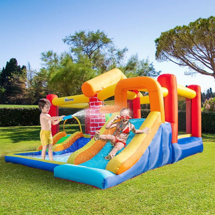 Castelo Insuflável com 2 Escorregas 2 Trampolins e Piscina para Crianças acima de 3 Anos Inclui Inflador e Bolsa de Transporte para Interior Exterior 380x370x230cm Multicor