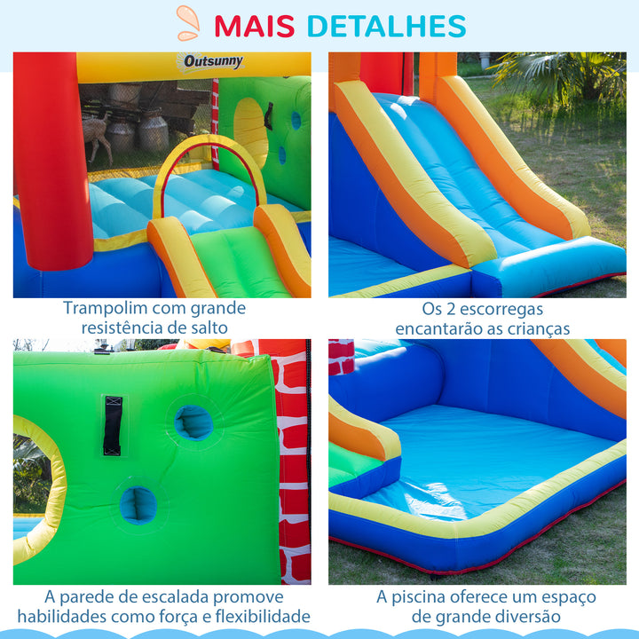 Castelo Insuflável com 2 Escorregas 2 Trampolins e Piscina para Crianças acima de 3 Anos Inclui Inflador e Bolsa de Transporte para Interior Exterior 380x370x230cm Multicor