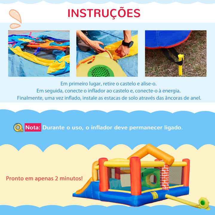 Castelo Insuflável com 2 Escorregas 2 Trampolins e Piscina para Crianças acima de 3 Anos Inclui Inflador e Bolsa de Transporte para Interior Exterior 380x370x230cm Multicor