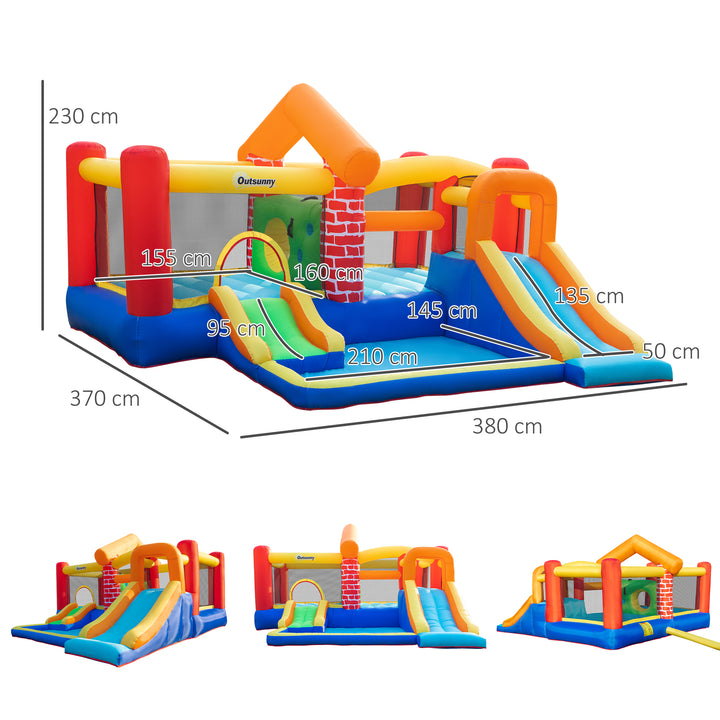 Castelo Insuflável com 2 Escorregas 2 Trampolins e Piscina para Crianças acima de 3 Anos Inclui Inflador e Bolsa de Transporte para Interior Exterior 380x370x230cm Multicor
