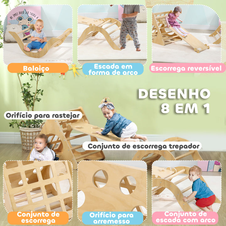 Triângulo de Escalar de Madeira 8 em 1 Jogo de Aprendizagem para Crianças de 18-48 Meses com Rampa Escada em Forma de Arco e Bolsa de Areia 175x59,5x60 cm Madeira