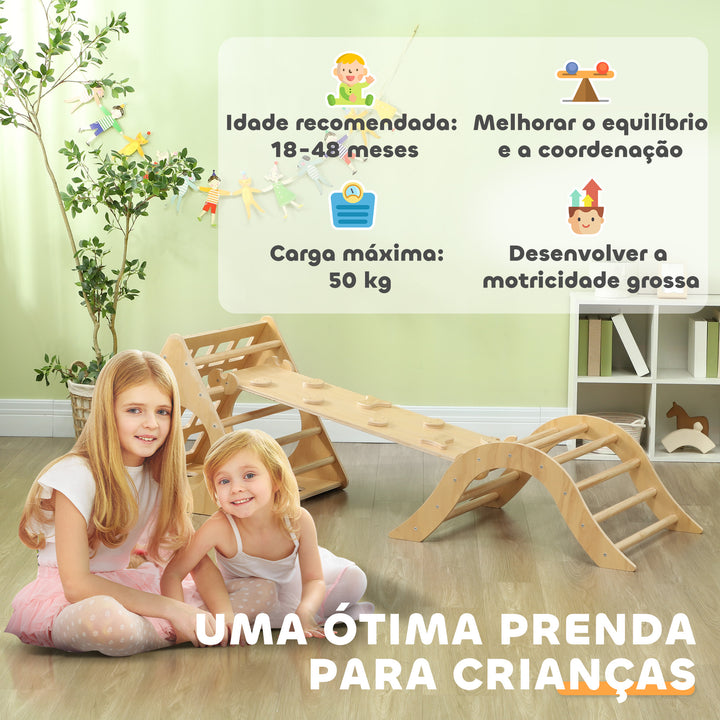 Triângulo de Escalar de Madeira 8 em 1 Jogo de Aprendizagem para Crianças de 18-48 Meses com Rampa Escada em Forma de Arco e Bolsa de Areia 175x59,5x60 cm Madeira