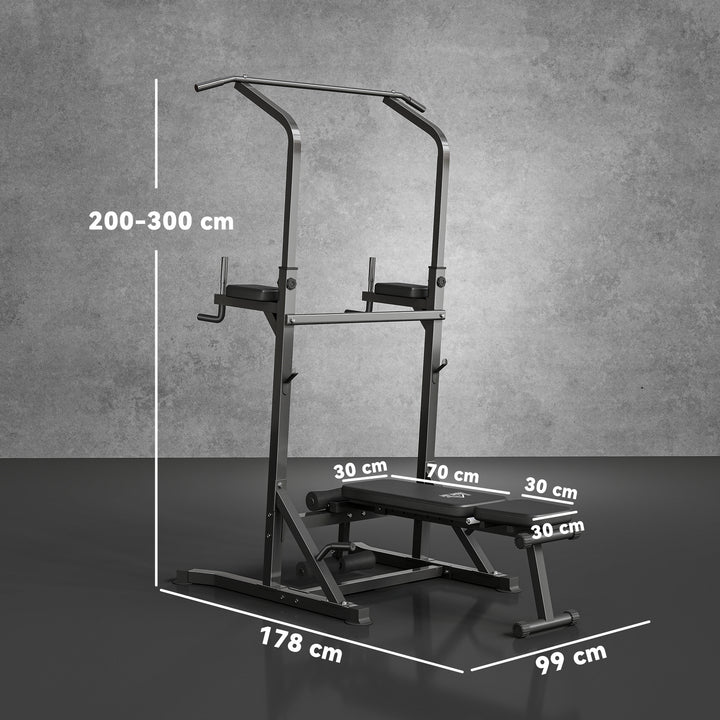 Estação de Musculação Torre de Treinamento Altura Ajustável com Barra de Flexões e Banco Dobrável para Fitness em Casa Academia Carga 150kg 99x178x230cm Preto