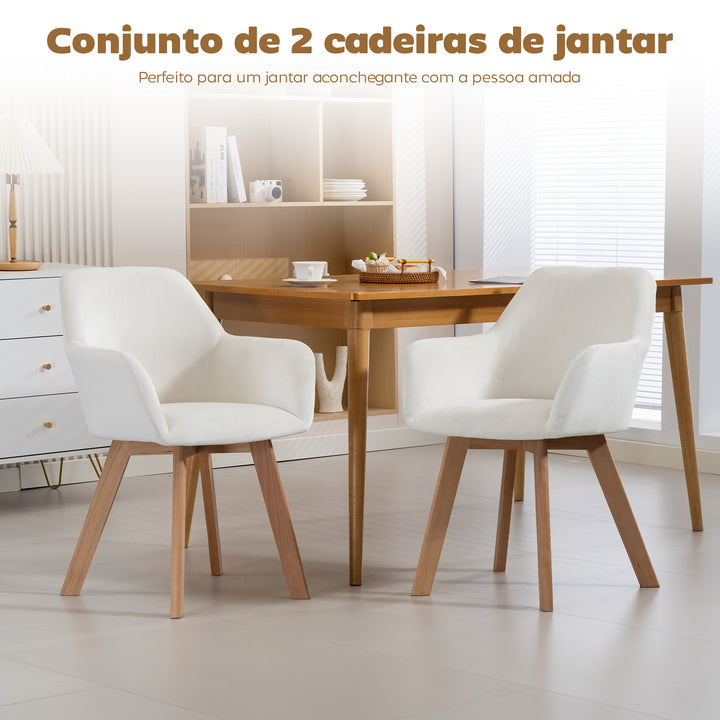 Conjunto de 2 Cadeiras de Jantar Modernas Estofadas em Veludo com Encosto Braços e Pernas de Madeira Suporta 120 kg para Sala Quarto 54x57x80 cm Creme