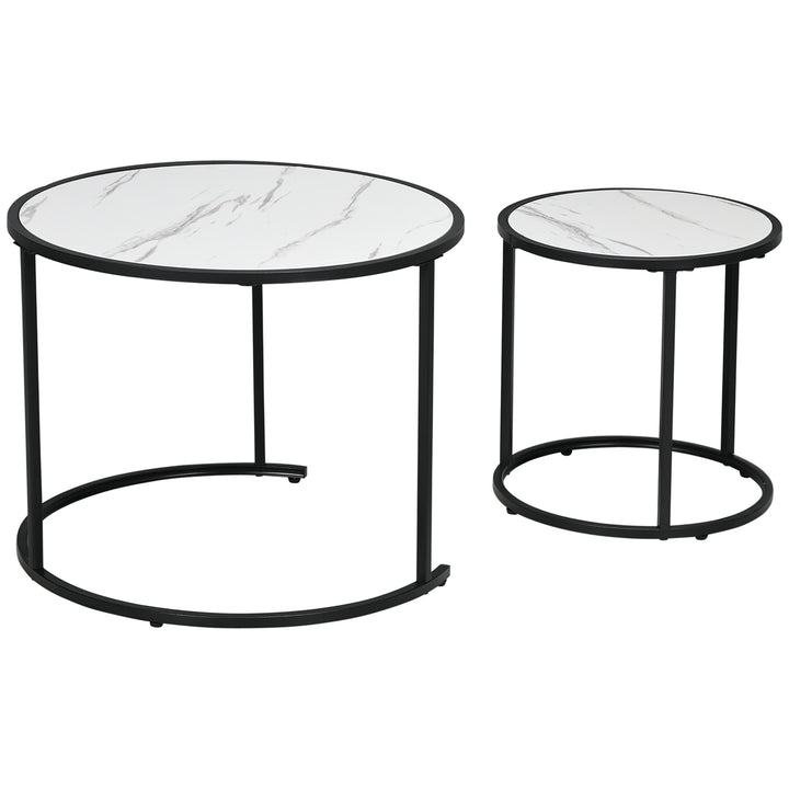 Conjunto de 2 Mesas Auxiliares Redondas Empilháveis Mesa de Centro Modernas com Bancada em Efeito de Mármore e Estrutura de Aço Ø60x46cm e Ø40x40cm Branco