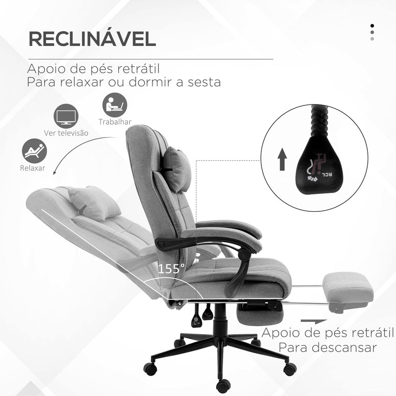 Cadeira de Escritório Reclinável Cadeira de Escritório Giratória Estofada em Tecido com Altura Ajustável Apoio para os Pés e Apoio para a Cabeça Carga Máxima 120 kg para Estúdio 66x76x116-124 cm Cinza