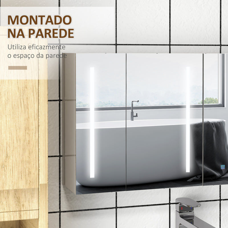 Armário Casa de Banho com Espelho e Luz LED Móvel Casa de Banho de Parede com 3 Portas Prateleiras Ajustáveis Interruptor Tátil 90x15x70 cm Branco Brilhante