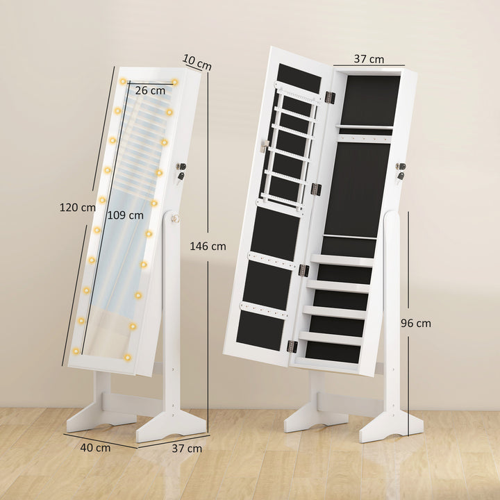 Armário para Joias 20 Luzes de LED Reclinável Fechadura Madeira 40x37x146cm Branco