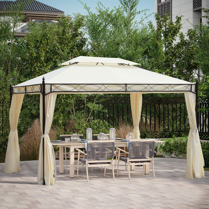 Pérgola de Jardim 4x3 m Pérgola de Jardim com Telhado Duplo 4 Cortinas Estrutura de Aço 8 Orifícios de Drenagem Anti-UV Tenda para Exterior Terraço Pátio Creme