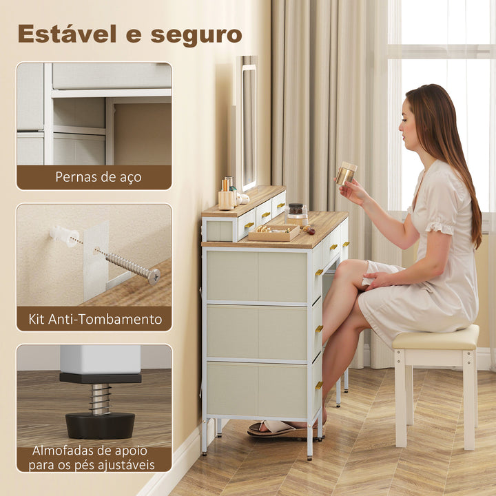 Toucador com Luzes LED de 3 Cores Toucador de Maquilhagem com Espelho Mesa de Maquilhagem com 10 Gavetas de Tecido Pés em Aço Moderno para Quarto Sala de Estar Madeira