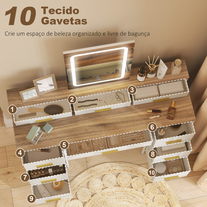 Toucador com Luzes LED de 3 Cores Toucador de Maquilhagem com Espelho Mesa de Maquilhagem com 10 Gavetas de Tecido Pés em Aço Moderno para Quarto Sala de Estar Madeira