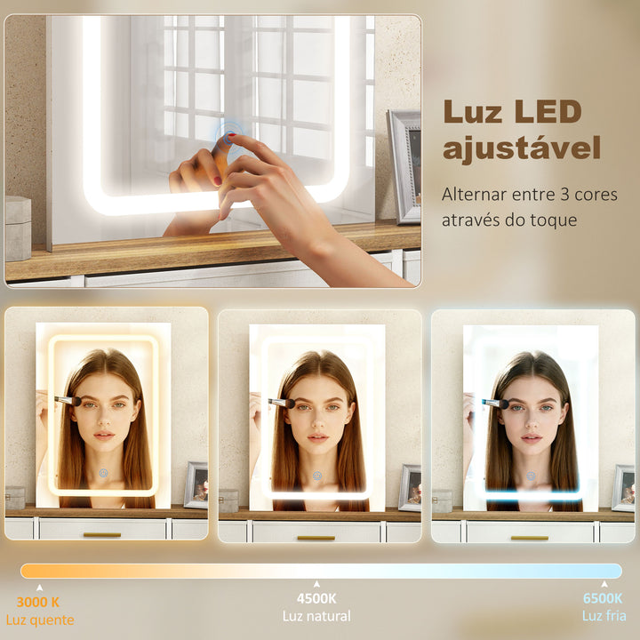 Toucador com Luzes LED de 3 Cores Toucador de Maquilhagem com Espelho Mesa de Maquilhagem com 10 Gavetas de Tecido Pés em Aço Moderno para Quarto Sala de Estar Madeira